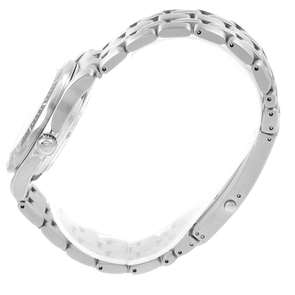 The image shows a side view of an Omega Seamaster 2252.50.00 Men's Stainless Steel Black Dial 2252.50.00 Men's Stainless Steel Black Dial watch, highlighting its case, bezel, crown, and bracelet.