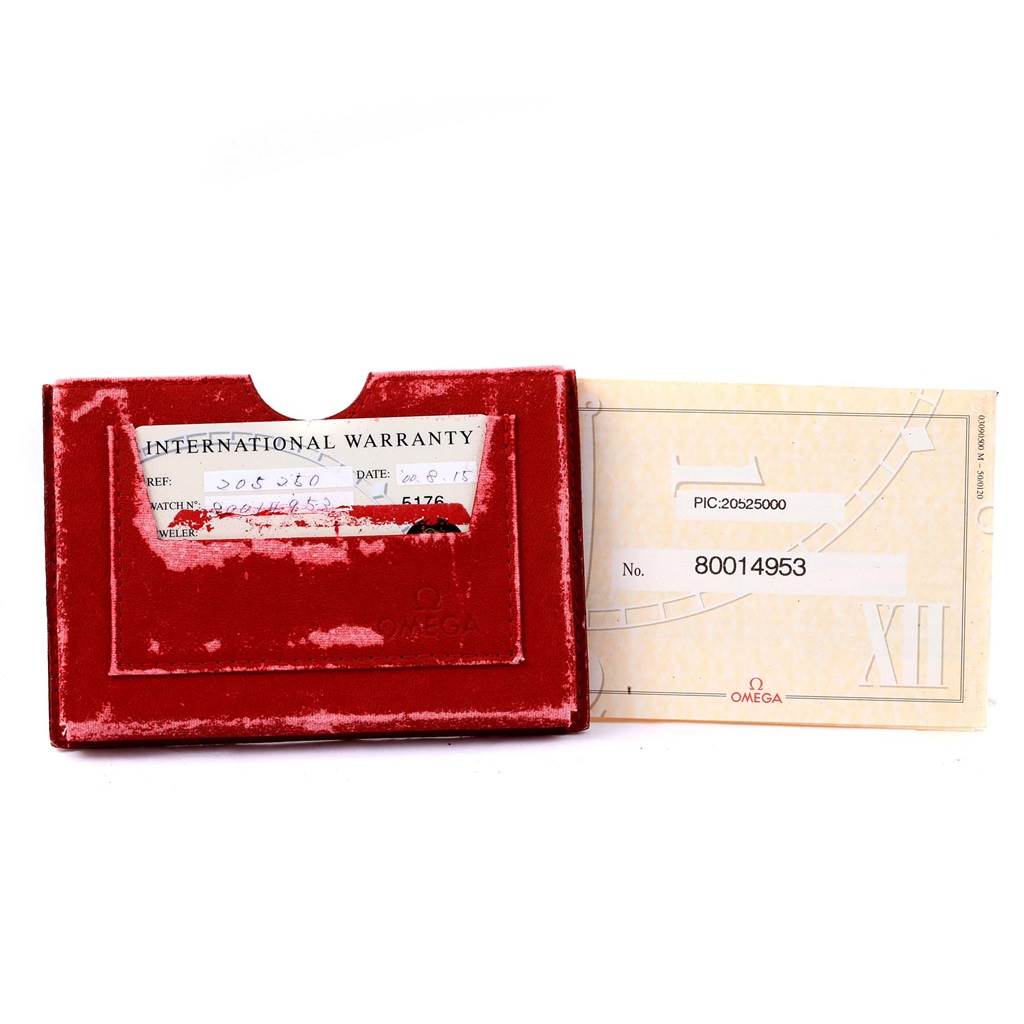 The image shows the international warranty card and red cardholder for the Omega Seamaster 2252.50.00 Men's Stainless Steel Black Dial 2252.50.00 Men's Stainless Steel Black Dial watch.