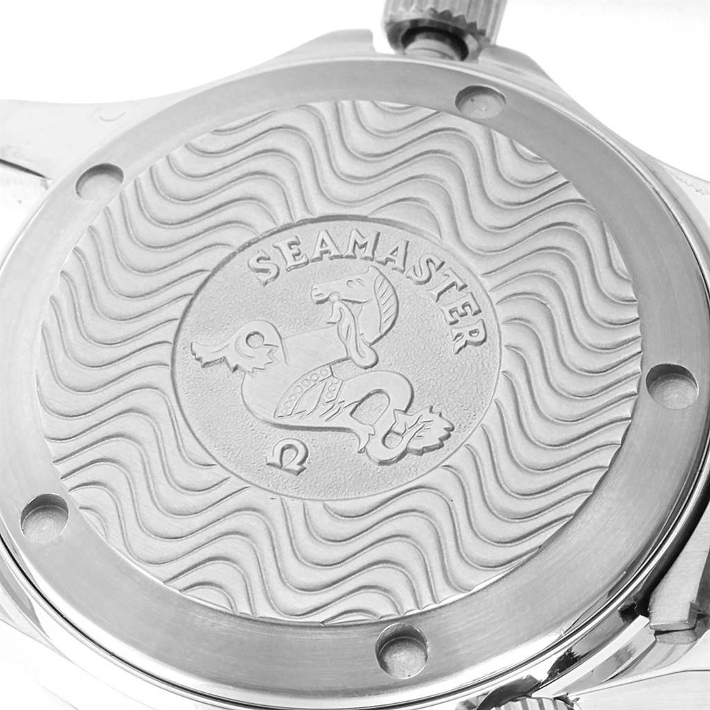 The image shows the engraved case back of an Omega Seamaster 2252.50.00 Men's Stainless Steel Black Dial 2252.50.00 Men's Stainless Steel Black Dial watch from a top-down angle.