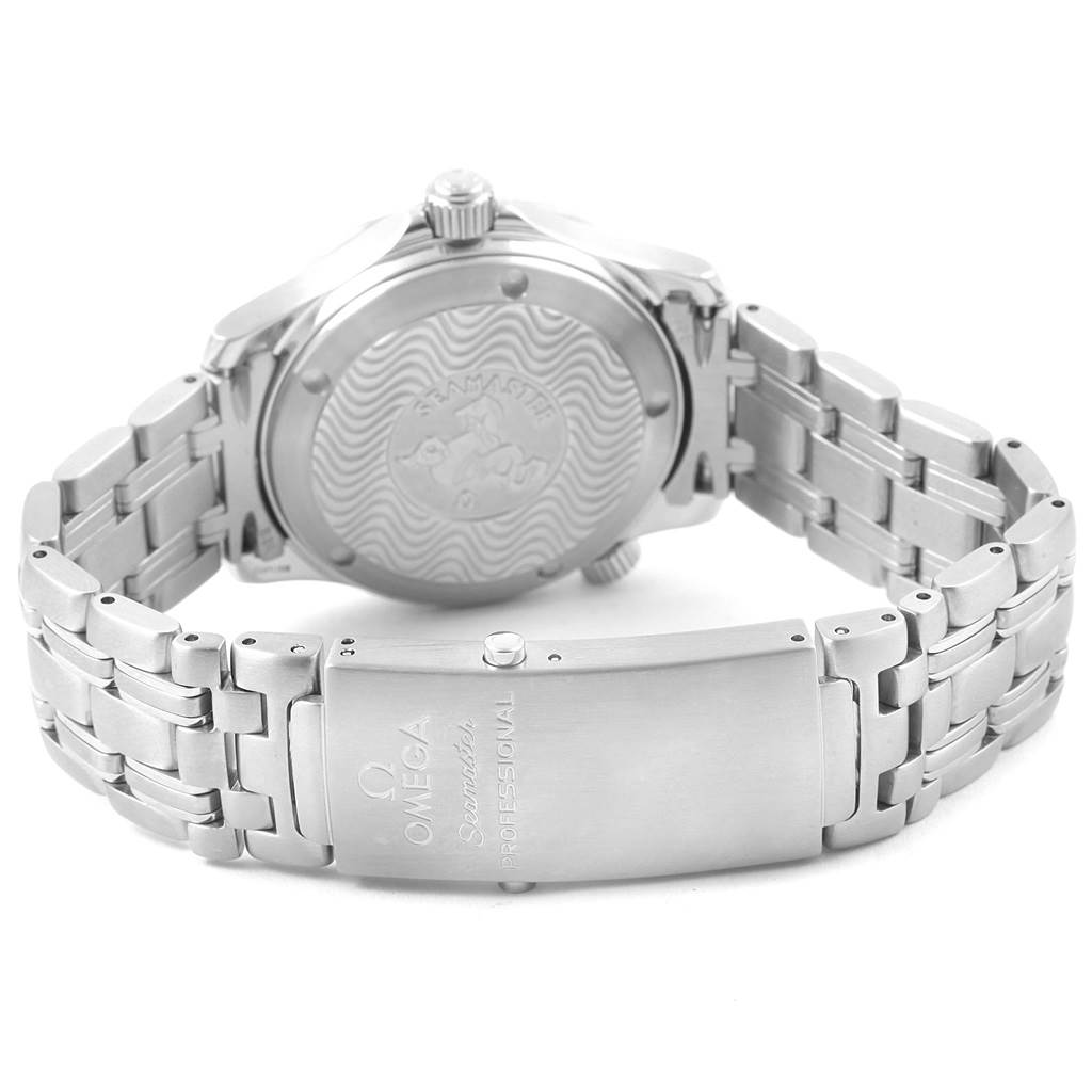 The image shows the back and clasp of an Omega Seamaster 2252.50.00 Men's Stainless Steel Black Dial 2252.50.00 Men's Stainless Steel Black Dial watch, highlighting the case back and the bracelet.