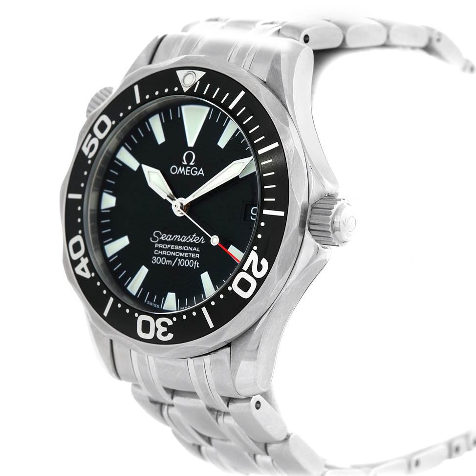 The image shows the Omega Seamaster 2252.50.00 Men's Stainless Steel Black Dial 2252.50.00 Men's Stainless Steel Black Dial watch at an angle displaying the dial, bezel, crown, and part of the bracelet.
