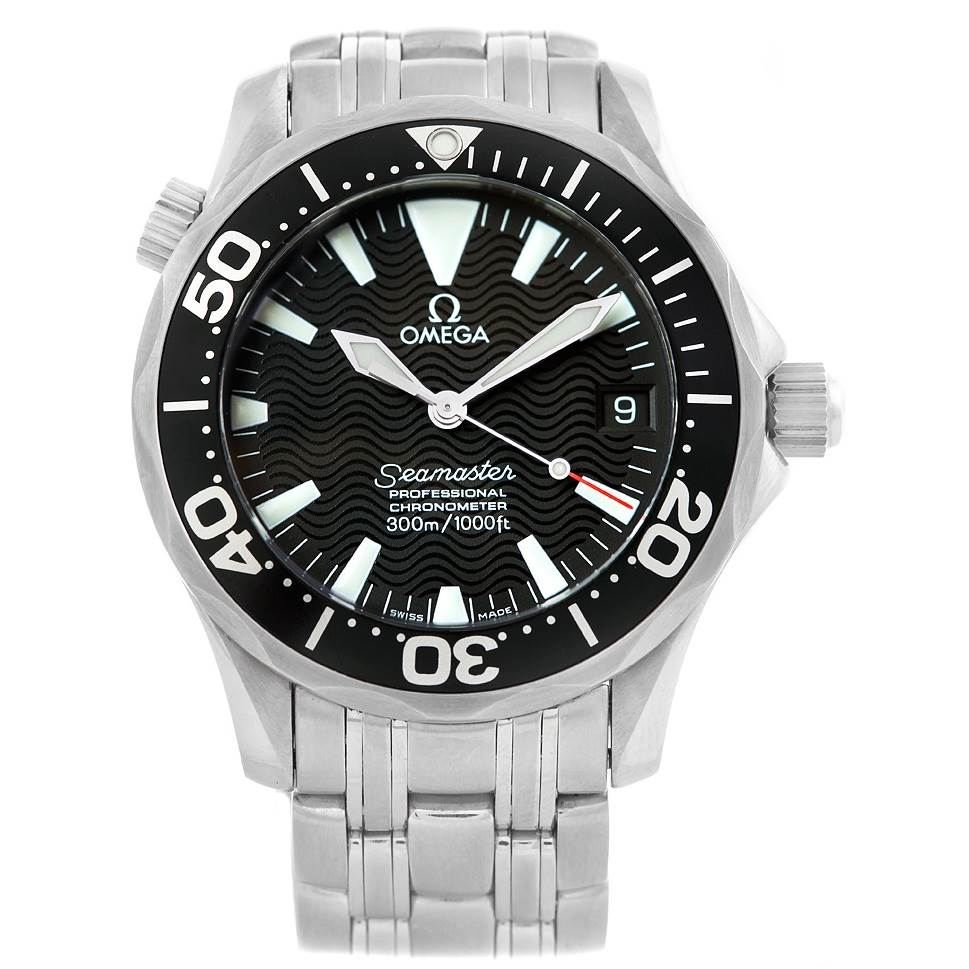 The image shows a front view of an Omega Seamaster 2252.50.00 Men's Stainless Steel Black Dial 2252.50.00 Men's Stainless Steel Black Dial watch, highlighting its dial, bezel, hands, and a portion of the bracelet.