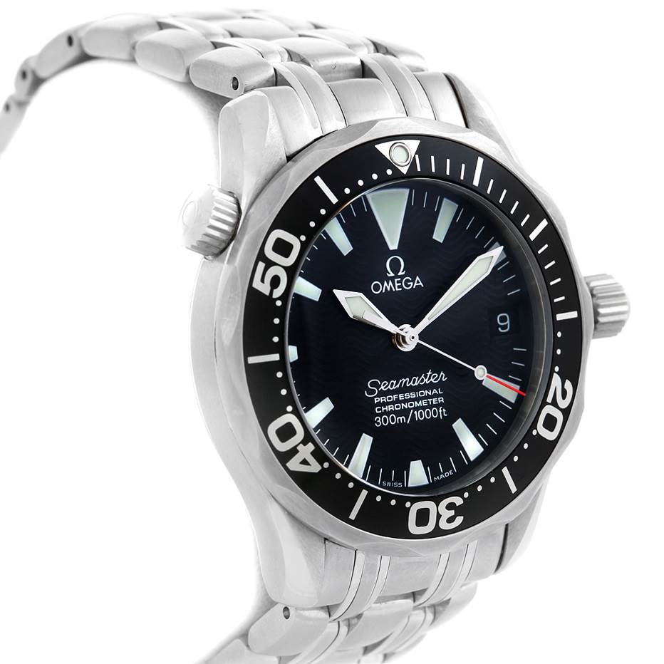 The image shows a close-up angled view of an Omega Seamaster 2252.50.00 Men's Stainless Steel Black Dial 2252.50.00 Men's Stainless Steel Black Dial watch, highlighting the face, bezel, crown, and stainless steel bracelet.