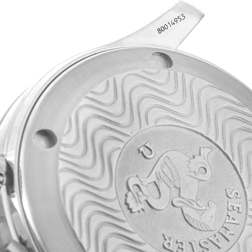 This image shows the engraved back case of an Omega Seamaster 2252.50.00 Men's Stainless Steel Black Dial 2252.50.00 Men's Stainless Steel Black Dial watch.