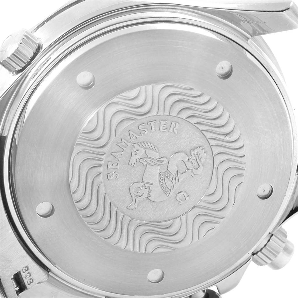 The image shows the case back of an Omega Seamaster 2598.80.00 Men
s Stainless Steel Blue Dial 2598.80.00 Men
s Stainless Steel Blue Dial watch, displaying its engraved emblem and wave pattern.