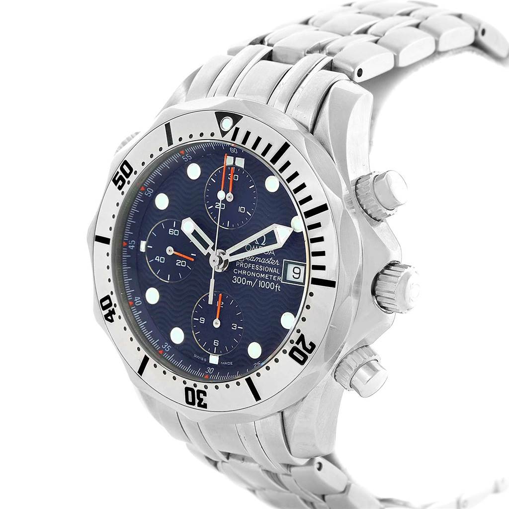 The image shows an angled view of an Omega Seamaster 2598.80.00 Men
s Stainless Steel Blue Dial 2598.80.00 Men
s Stainless Steel Blue Dial watch, highlighting its face, bezel, chronograph buttons, and metal bracelet.