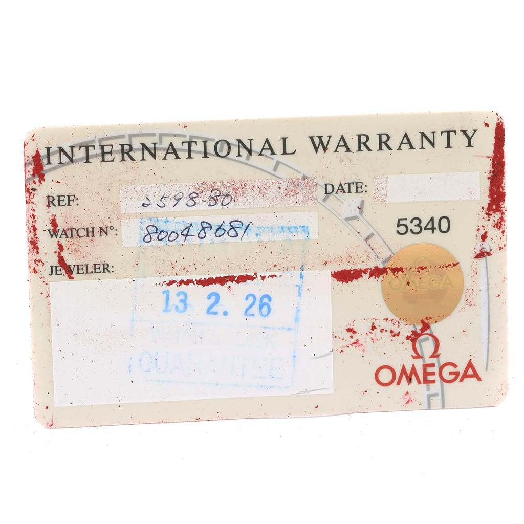 The image shows the international warranty card for an Omega Seamaster 2598.80.00 Men
s Stainless Steel Blue Dial 2598.80.00 Men
s Stainless Steel Blue Dial watch.