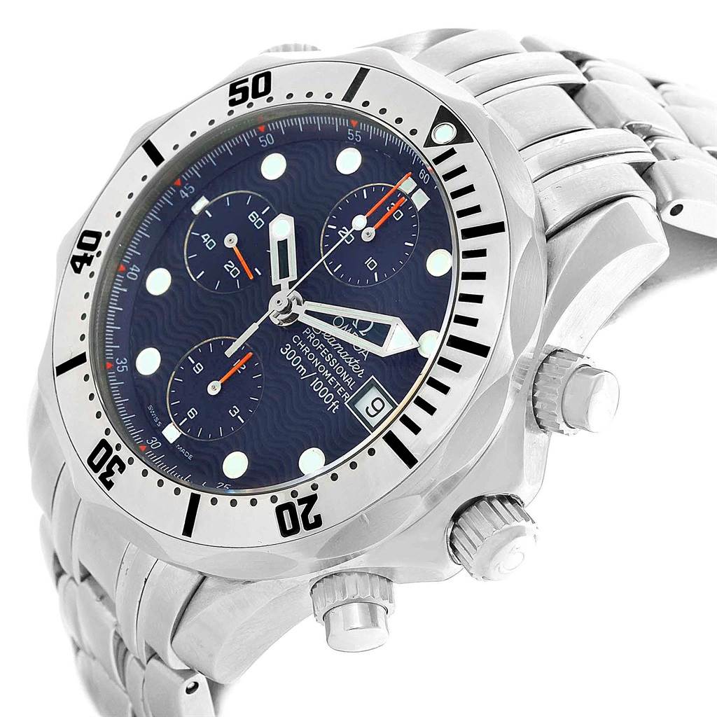 The Omega Seamaster 2598.80.00 Men
s Stainless Steel Blue Dial 2598.80.00 Men
s Stainless Steel Blue Dial watch is shown at an angled side view, highlighting its metallic bracelet, bezel, and chronograph buttons.