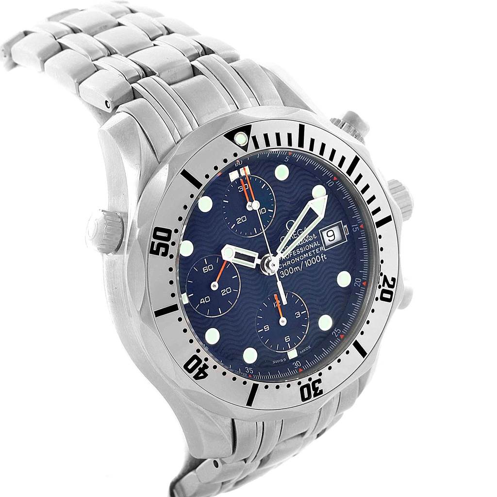 The image shows an Omega Seamaster 2598.80.00 Men
s Stainless Steel Blue Dial 2598.80.00 Men
s Stainless Steel Blue Dial watch at a three-quarter angle, displaying the face, bezel, crown, push buttons, and part of the bracelet.