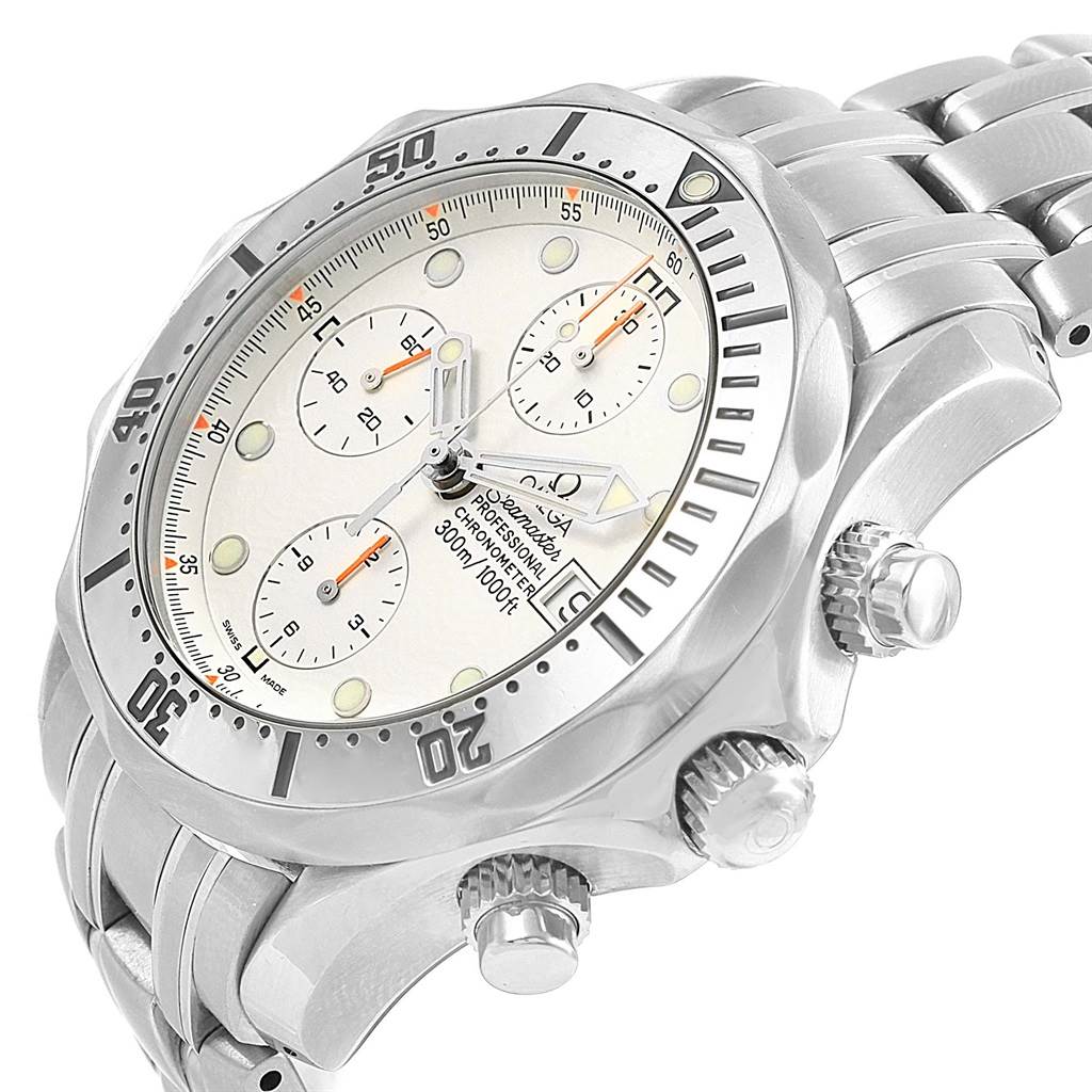 The Omega Seamaster 2598.20.00 Men
s Stainless Steel White Dial 2598.20.00 Men
s Stainless Steel White Dial watch is shown from an angled side view, displaying the face, bezel, chronograph dials, and part of the bracelet.