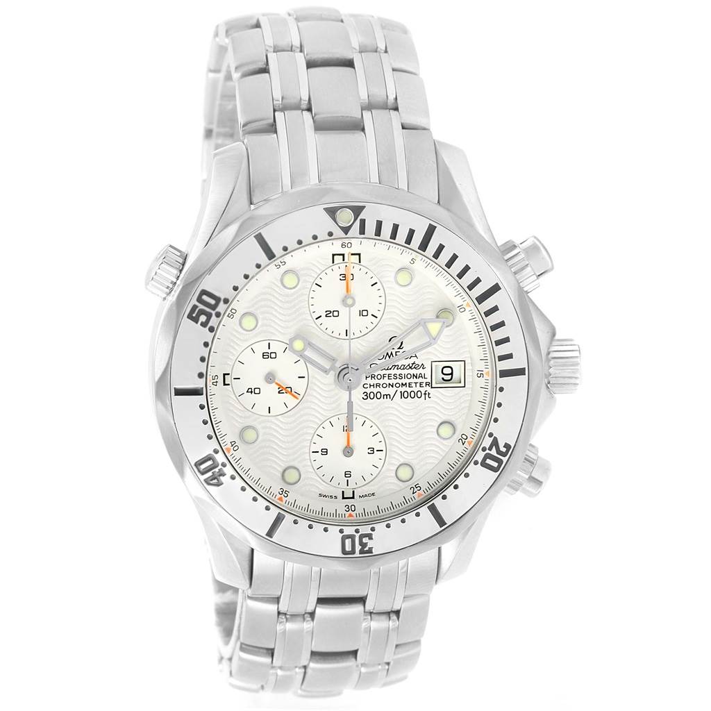 The image shows a front view of an Omega Seamaster 2598.20.00 Men
s Stainless Steel White Dial 2598.20.00 Men
s Stainless Steel White Dial watch, highlighting its bezel, chronograph sub-dials, and bracelet.