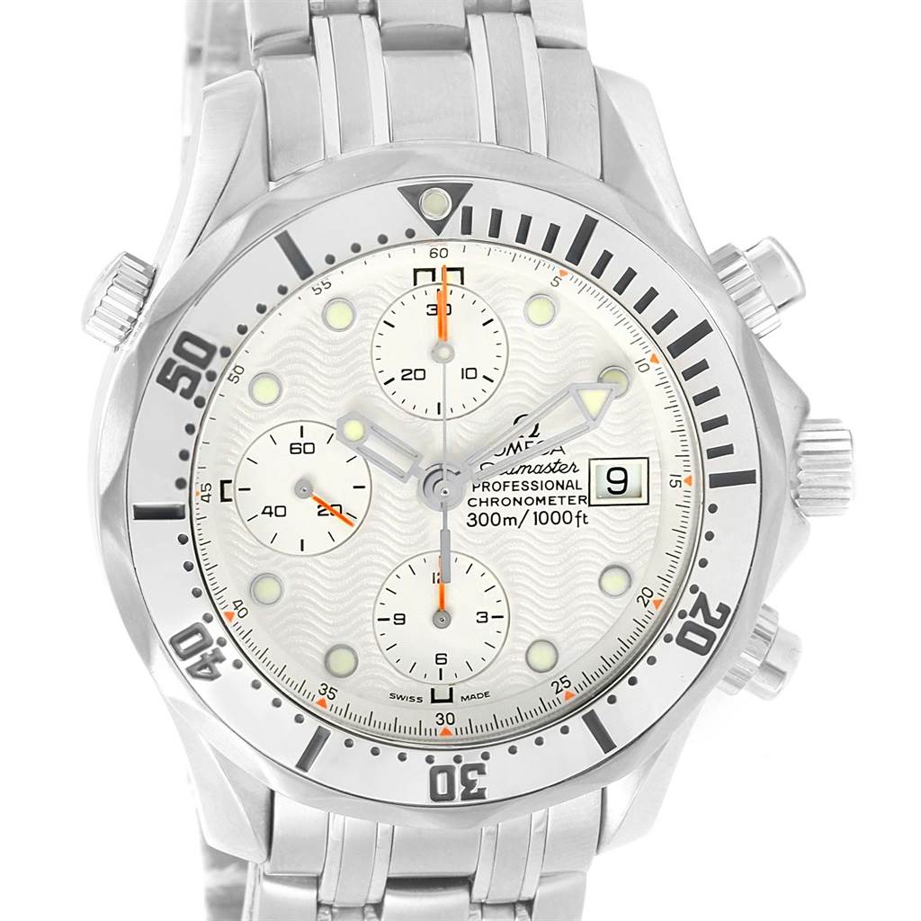 The image shows a front view of an Omega Seamaster 2598.20.00 Men
s Stainless Steel White Dial 2598.20.00 Men
s Stainless Steel White Dial watch, displaying the dial, chronograph subdials, and metal bracelet.