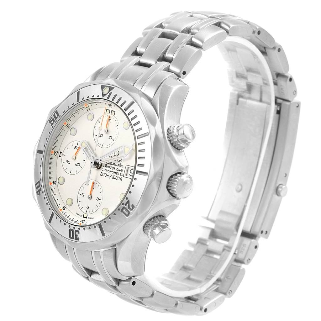 The image shows a side angle view of an Omega Seamaster 2598.20.00 Men
s Stainless Steel White Dial 2598.20.00 Men
s Stainless Steel White Dial watch, highlighting the face, bezel, pushers, and stainless steel bracelet.