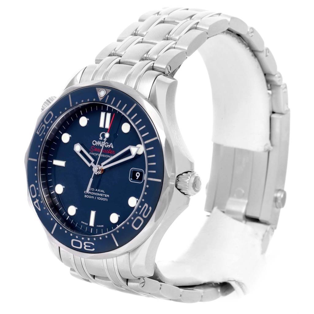 The Omega Seamaster 212.30.41.20.03.001 Men
s Stainless Steel Blue Dial 212.30.41.20.03.001 Men
s Stainless Steel Blue Dial watch is shown at a three-quarter angle, highlighting its face, bezel, crown, and metal bracelet.