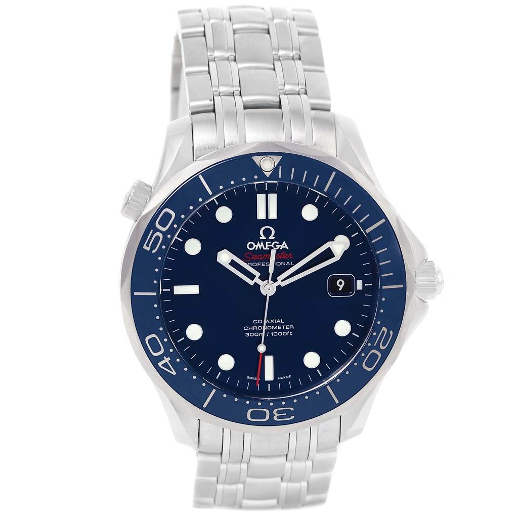 This image shows the Omega Seamaster 212.30.41.20.03.001 Men
s Stainless Steel Blue Dial 212.30.41.20.03.001 Men
s Stainless Steel Blue Dial watch from the front, highlighting its blue dial, bezel, and stainless steel bracelet.