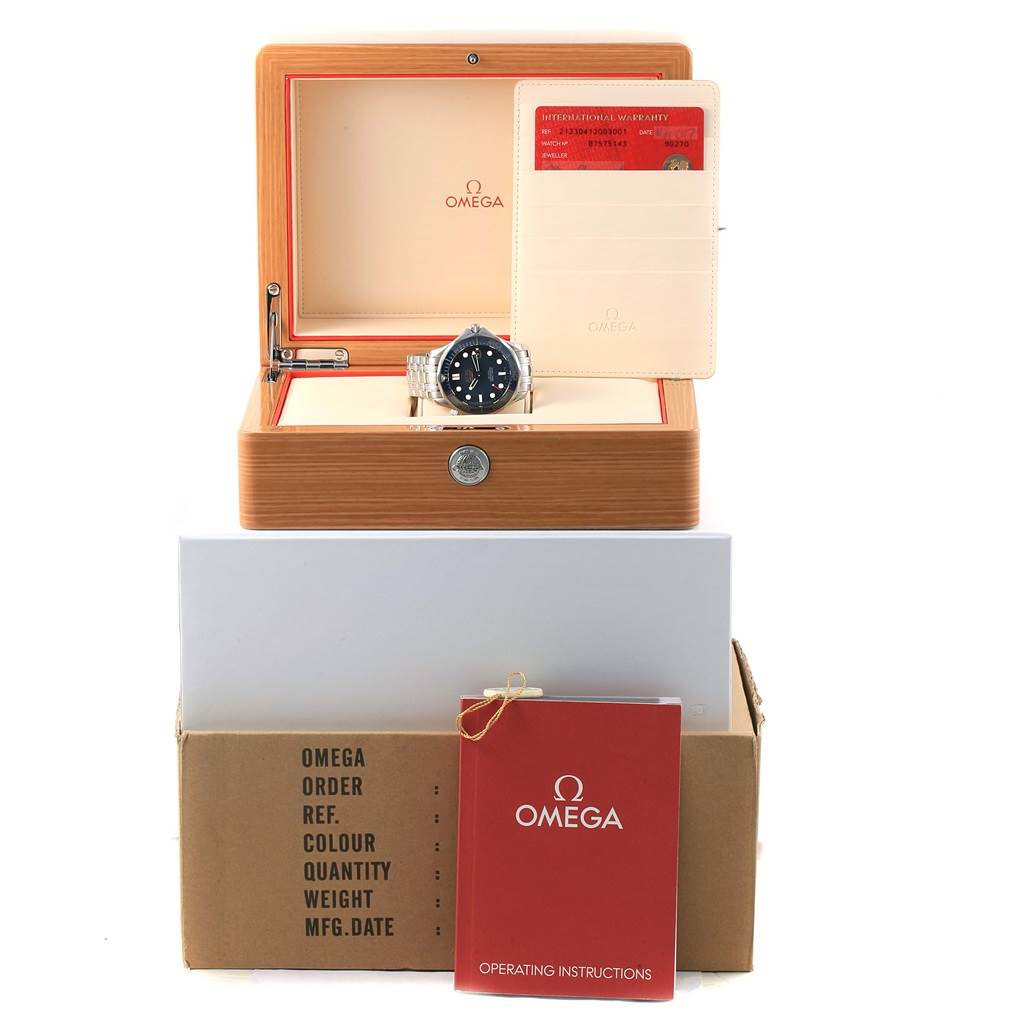 The image shows an Omega Seamaster 212.30.41.20.03.001 Men
s Stainless Steel Blue Dial 212.30.41.20.03.001 Men
s Stainless Steel Blue Dial watch, its open display box, warranty card, and operating instructions, viewed from the front.
