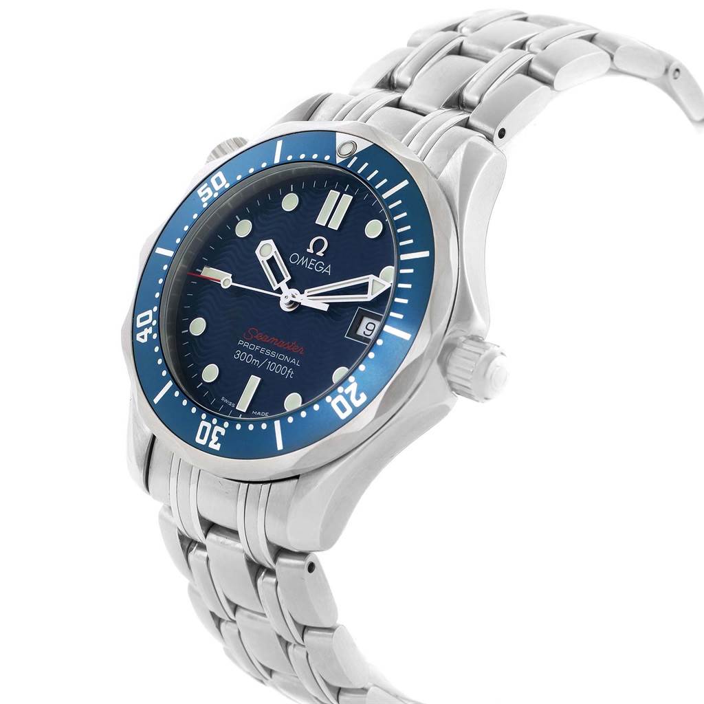 The image shows an Omega Seamaster 2223.80.00 Men
s Stainless Steel Blue Dial 2223.80.00 Men
s Stainless Steel Blue Dial watch at a slight angle, highlighting the face, bezel, case, and part of the bracelet.