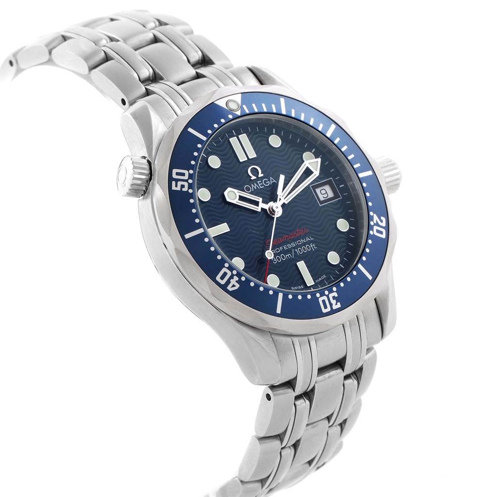 The Omega Seamaster 2223.80.00 Men
s Stainless Steel Blue Dial 2223.80.00 Men
s Stainless Steel Blue Dial watch is shown at an angle highlighting the face, bezel, crown, and part of the metal bracelet.
