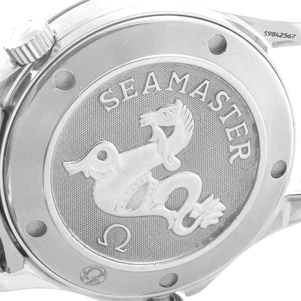 This image shows the caseback and crown of an Omega Seamaster 2223.80.00 Men
s Stainless Steel Blue Dial 2223.80.00 Men
s Stainless Steel Blue Dial watch, displaying the Seamaster emblem and partial serial number.