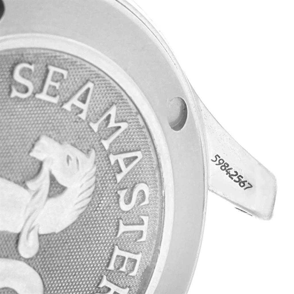 The image shows a close-up angle of the case back and serial number of an Omega Seamaster 2223.80.00 Men
s Stainless Steel Blue Dial 2223.80.00 Men
s Stainless Steel Blue Dial watch.