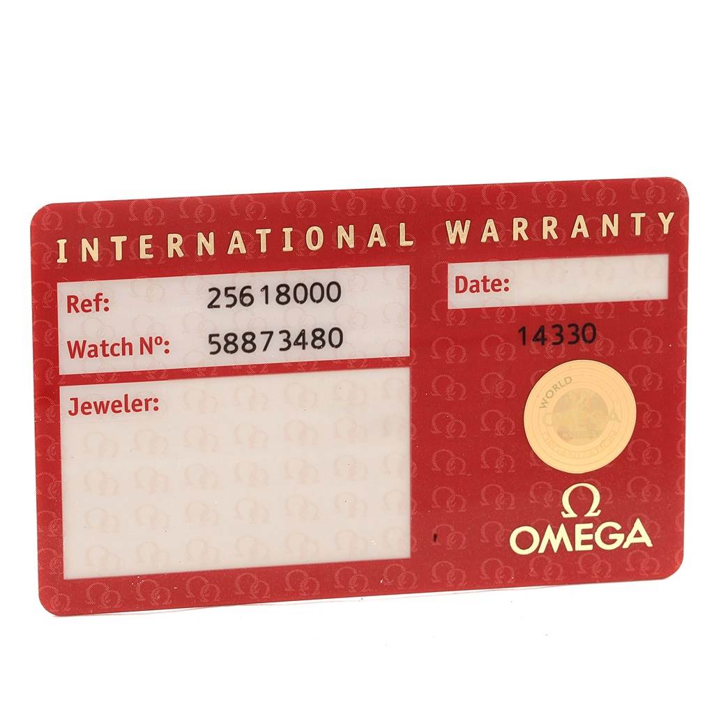 The image shows the international warranty card for the Omega Seamaster 2561.80.00 Men's Stainless Steel Blue Dial 2561.80.00 Men's Stainless Steel Blue Dial watch.