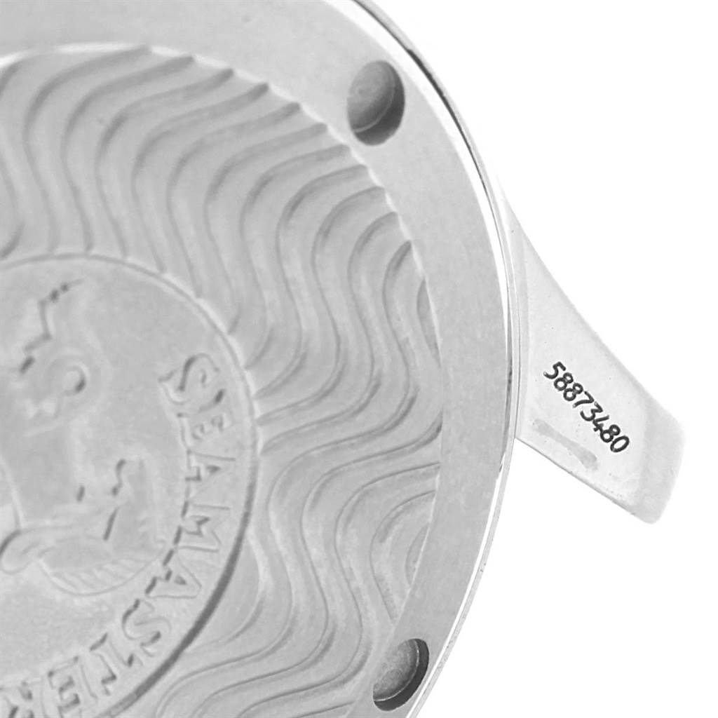 This image shows a close-up of the case back of an Omega Seamaster 2561.80.00 Men's Stainless Steel Blue Dial 2561.80.00 Men's Stainless Steel Blue Dial watch, highlighting the engraved serial number.