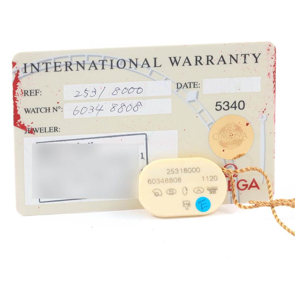 The image shows an international warranty card and a tag for the Omega Seamaster 2531.80.00 Men
s Stainless Steel Blue Dial 2531.80.00 Men
s Stainless Steel Blue Dial watch model.