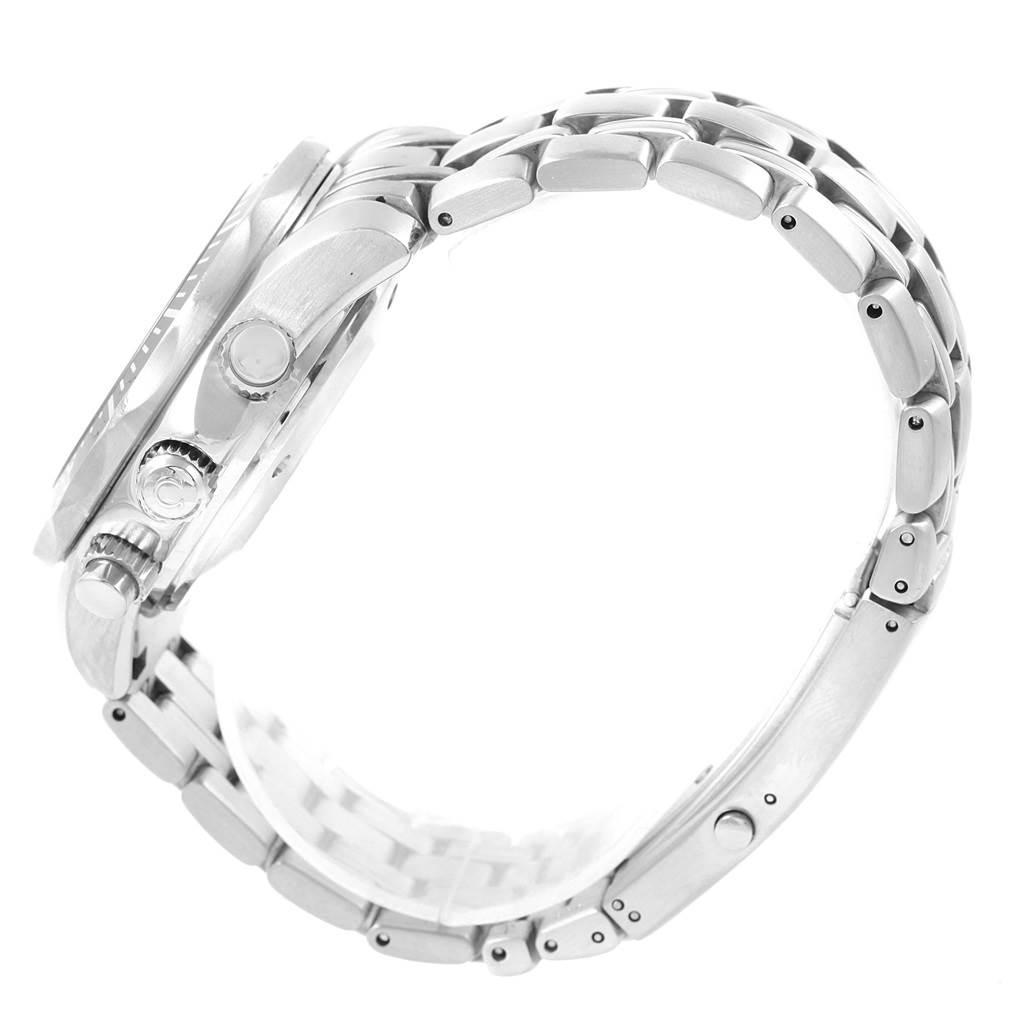 The image shows a side view of the Omega Seamaster 2599.80.00 Men
s Stainless Steel Blue Dial 2599.80.00 Men
s Stainless Steel Blue Dial watch highlighting its crown, pushers, and metal bracelet.