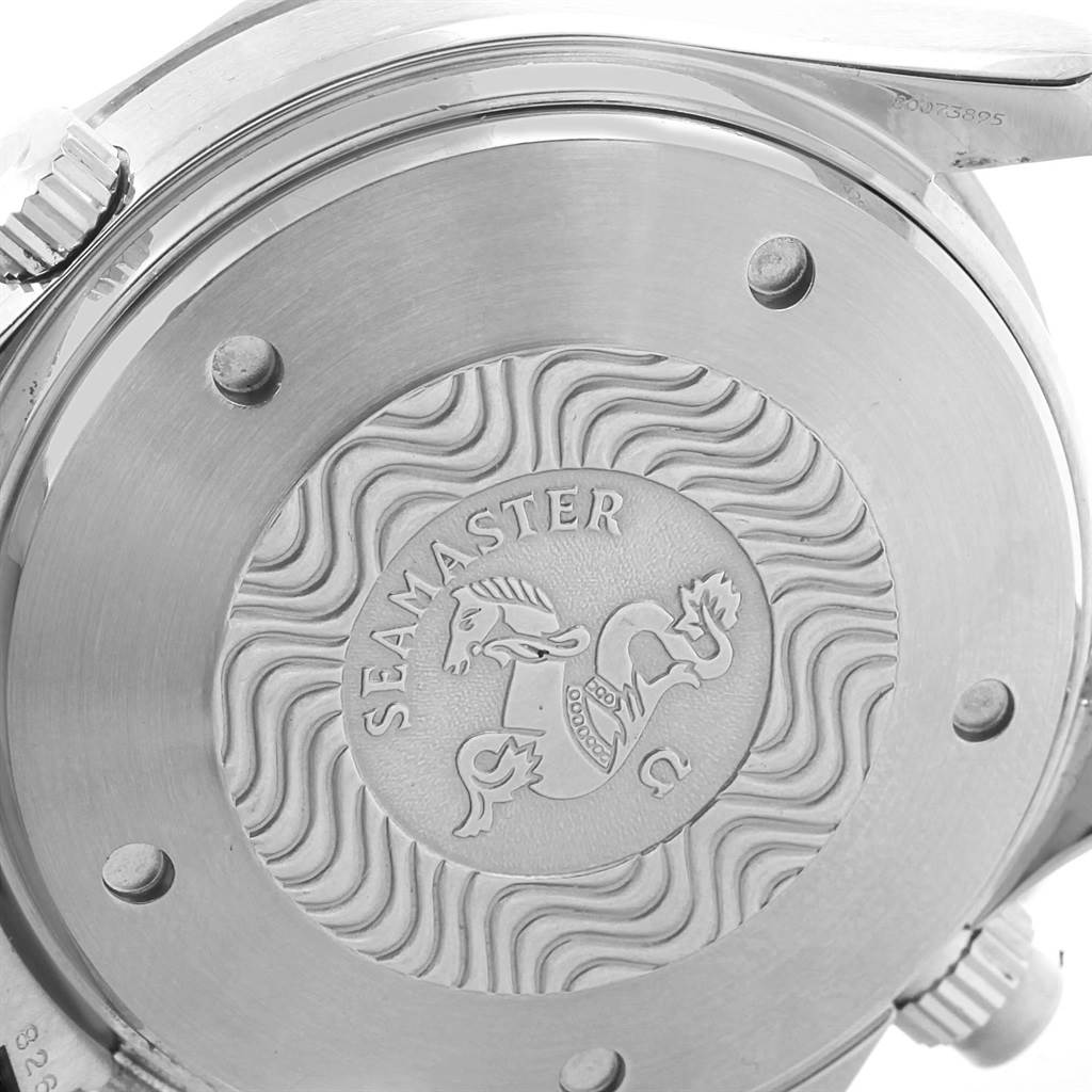 This image shows the engraved case back of the Omega Seamaster 2599.80.00 Men
s Stainless Steel Blue Dial 2599.80.00 Men
s Stainless Steel Blue Dial watch, highlighting the logo and wave pattern.