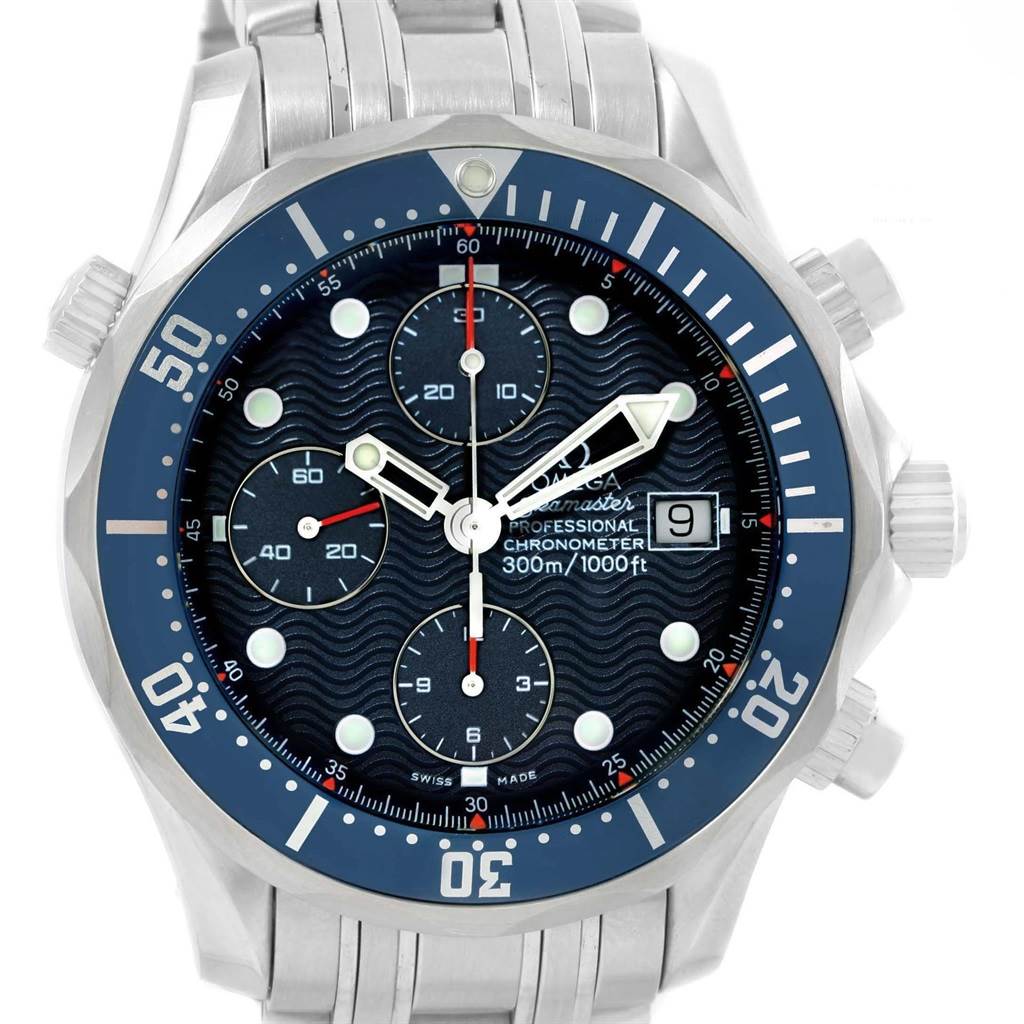 The image shows a front view of the Omega Seamaster 2599.80.00 Men
s Stainless Steel Blue Dial 2599.80.00 Men
s Stainless Steel Blue Dial watch, highlighting the dial, bezel, crown, and chronograph subdials.