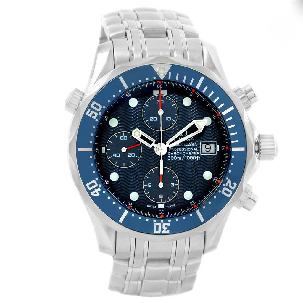 The Omega Seamaster 2599.80.00 Men
s Stainless Steel Blue Dial 2599.80.00 Men
s Stainless Steel Blue Dial watch is shown from a front angle, displaying its dial, bezel, chronograph subdials, and bracelet.