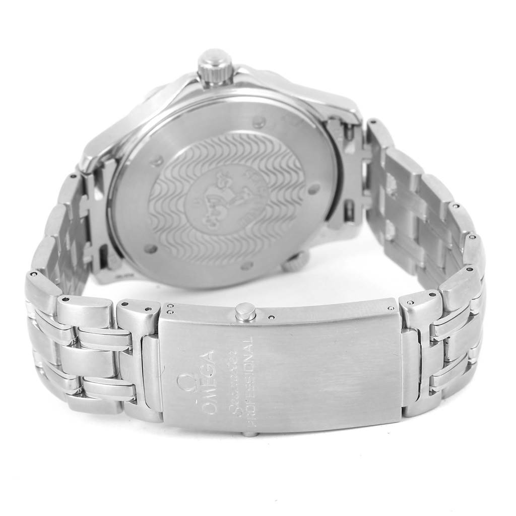 The image shows the back case, clasp, and metal bracelet of an Omega Seamaster 2541.80.00 Men
s Stainless Steel Blue Dial 2541.80.00 Men
s Stainless Steel Blue Dial watch from a rear angle.