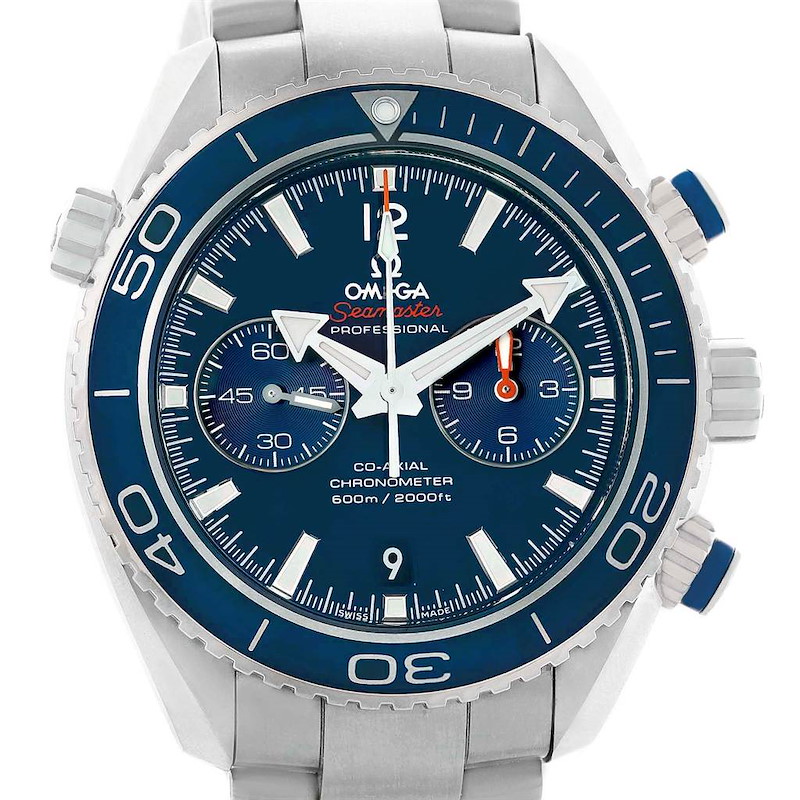 The image shows a frontal view of the Omega Seamaster watch, highlighting its bezel, dial, and chronograph features.