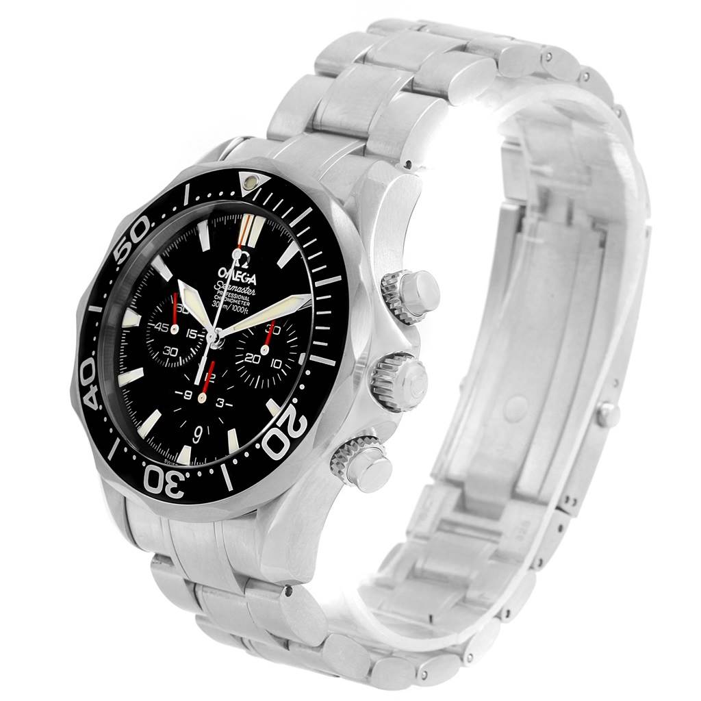 The Omega Seamaster 2594.52.00 Men
s Stainless Steel Black Dial 2594.52.00 Men
s Stainless Steel Black Dial watch is shown at an angle highlighting the dial, bezel, crown, chronograph buttons, and bracelet.