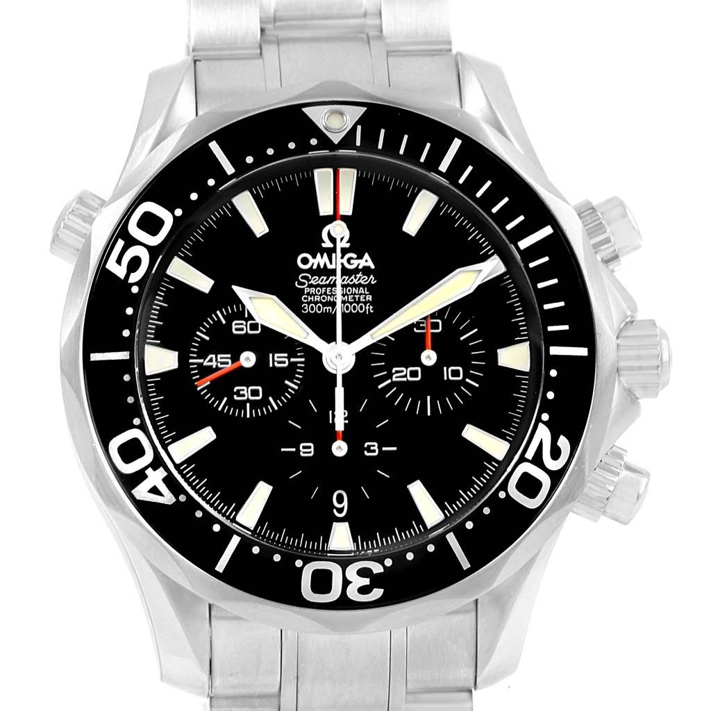 The image shows a front view of an Omega Seamaster 2594.52.00 Men
s Stainless Steel Black Dial 2594.52.00 Men
s Stainless Steel Black Dial watch, displaying the dial, bezel, and part of the bracelet.