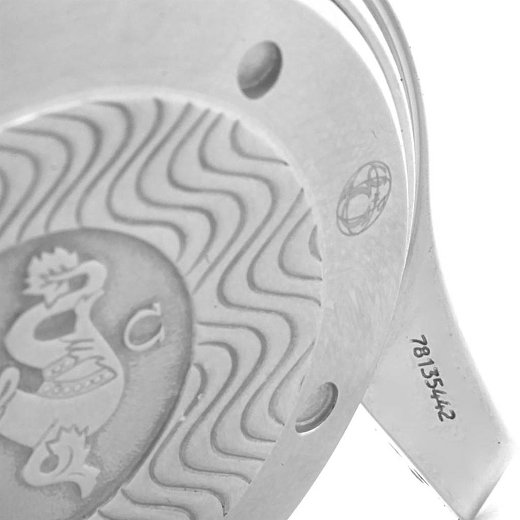 This image shows a close-up of the case back and part of the strap lug of the Omega Seamaster 2594.52.00 Men
s Stainless Steel Black Dial 2594.52.00 Men
s Stainless Steel Black Dial watch.