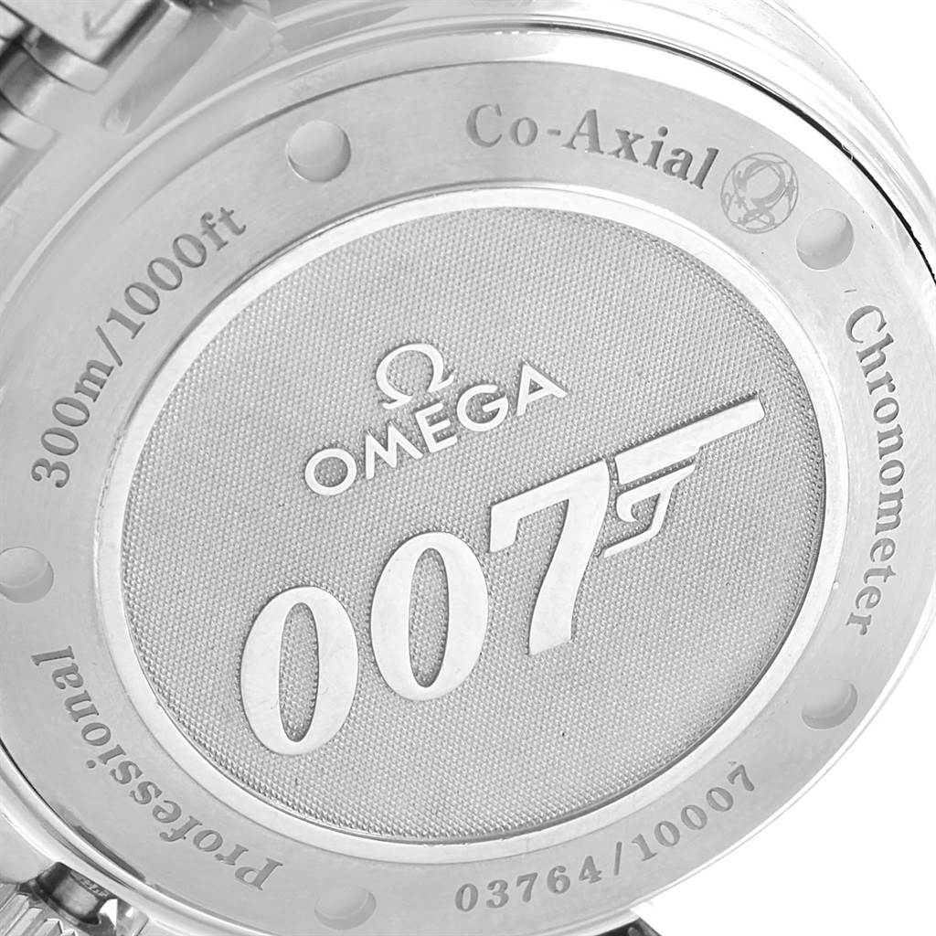 This image shows the case back of an Omega Seamaster 2226.80.00 Men's Stainless Steel Blue Dial 2226.80.00 Men's Stainless Steel Blue Dial watch, featuring a 007 branding design.