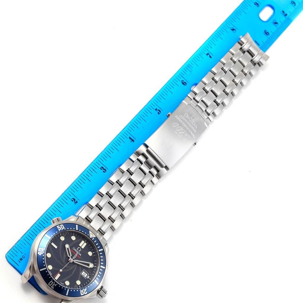 The Omega Seamaster 2226.80.00 Men's Stainless Steel Blue Dial 2226.80.00 Men's Stainless Steel Blue Dial watch is shown from a top-down angle, displaying the dial, bezel, and metal bracelet with a clasp.