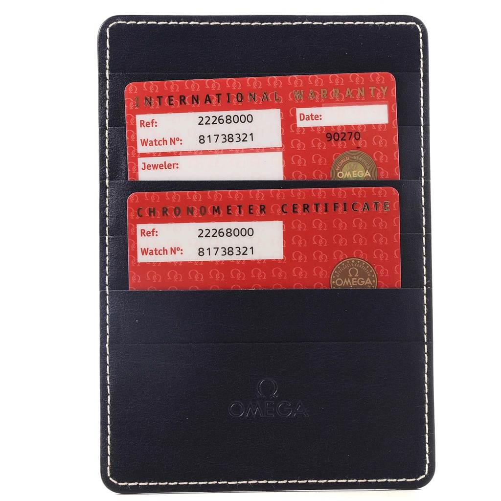 The image shows an Omega wallet containing the International Warranty and Chronometer Certificate cards for the Omega Seamaster 2226.80.00 Men's Stainless Steel Blue Dial 2226.80.00 Men's Stainless Steel Blue Dial watch model.