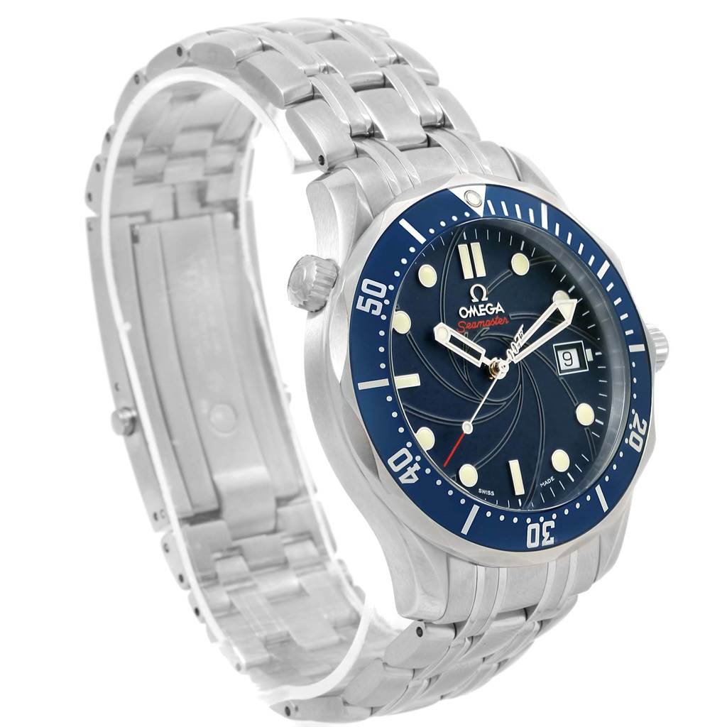 The image shows an angled view of an Omega Seamaster 2226.80.00 Men's Stainless Steel Blue Dial 2226.80.00 Men's Stainless Steel Blue Dial wristwatch, highlighting the dial, bezel, crown, bracelet, and clasp.