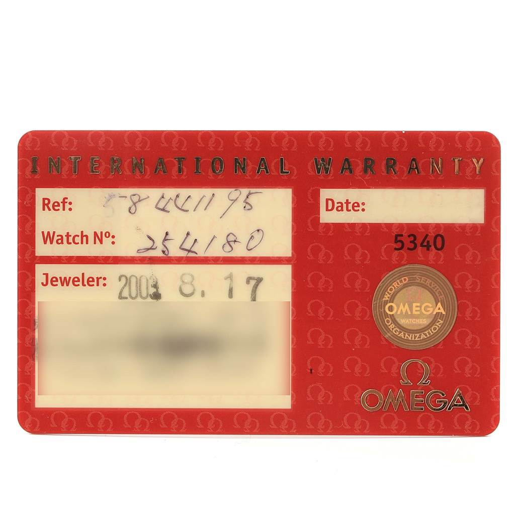 The image shows an international warranty card for the Omega Seamaster 2541.80.00 Men
s Stainless Steel Blue Dial 2541.80.00 Men
s Stainless Steel Blue Dial model watch.