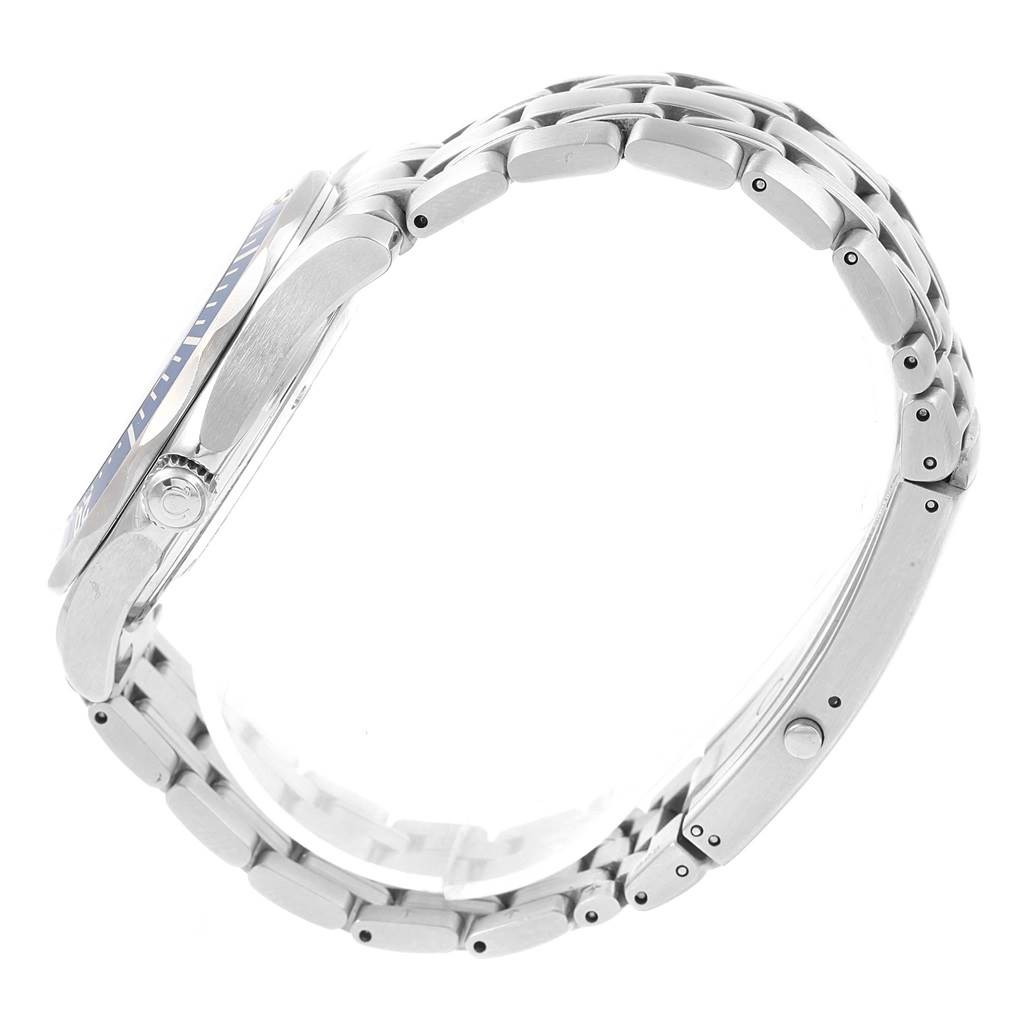 This image shows a side profile of the Omega Seamaster 2541.80.00 Men
s Stainless Steel Blue Dial 2541.80.00 Men
s Stainless Steel Blue Dial watch, highlighting the case, crown, and metal bracelet.