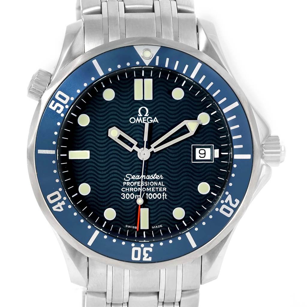 The Omega Seamaster 2531.80.00 Men
s Stainless Steel Blue Dial 2531.80.00 Men
s Stainless Steel Blue Dial watch is shown from the front, displaying the face, bezel, crown, and part of the bracelet.