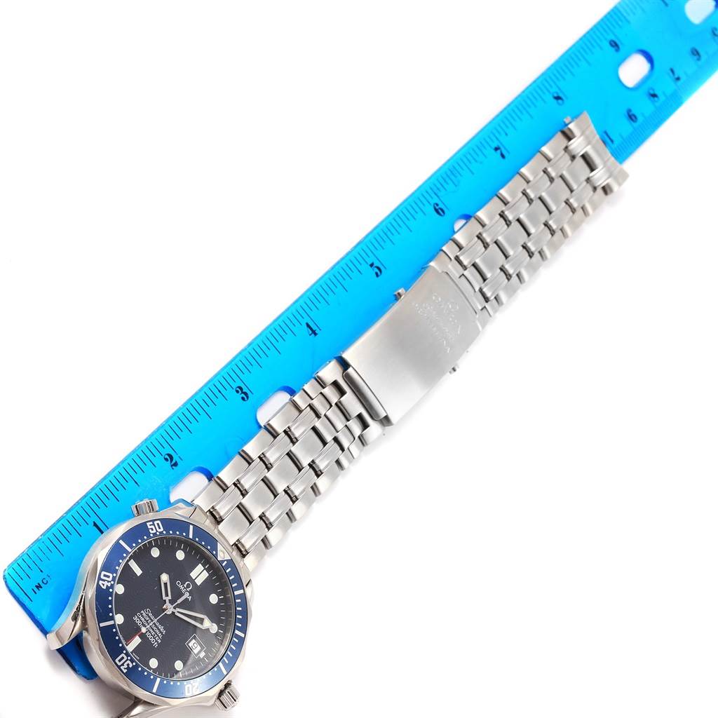 The Omega Seamaster 2531.80.00 Men
s Stainless Steel Blue Dial 2531.80.00 Men
s Stainless Steel Blue Dial watch is shown from an overhead angle, highlighting the face, bracelet, and clasp.