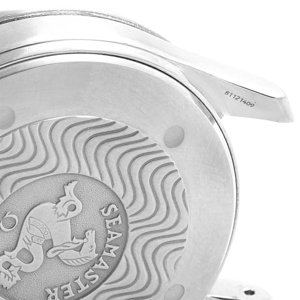 The image shows the stamped case back of an Omega Seamaster 2531.80.00 Men
s Stainless Steel Blue Dial 2531.80.00 Men
s Stainless Steel Blue Dial watch from a close-up side angle.