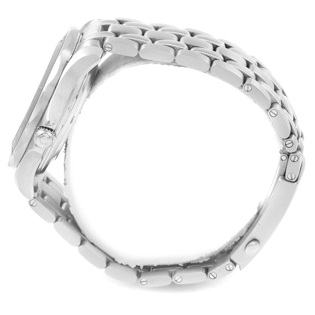 The image shows a side view of an Omega Seamaster 212.30.41.20.01.003 Men
s Stainless Steel Black Dial 212.30.41.20.01.003 Men
s Stainless Steel Black Dial watch, focusing on the metal bracelet and case.