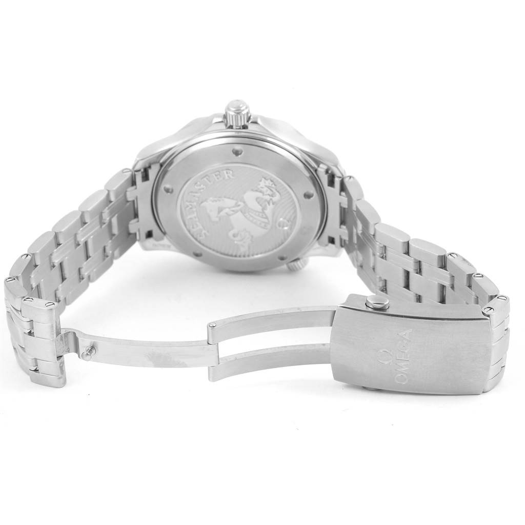 This image shows the back of an Omega Seamaster 212.30.41.20.01.003 Men
s Stainless Steel Black Dial 212.30.41.20.01.003 Men
s Stainless Steel Black Dial watch, featuring the case back, crown, and metal bracelet with the Omega clasp.