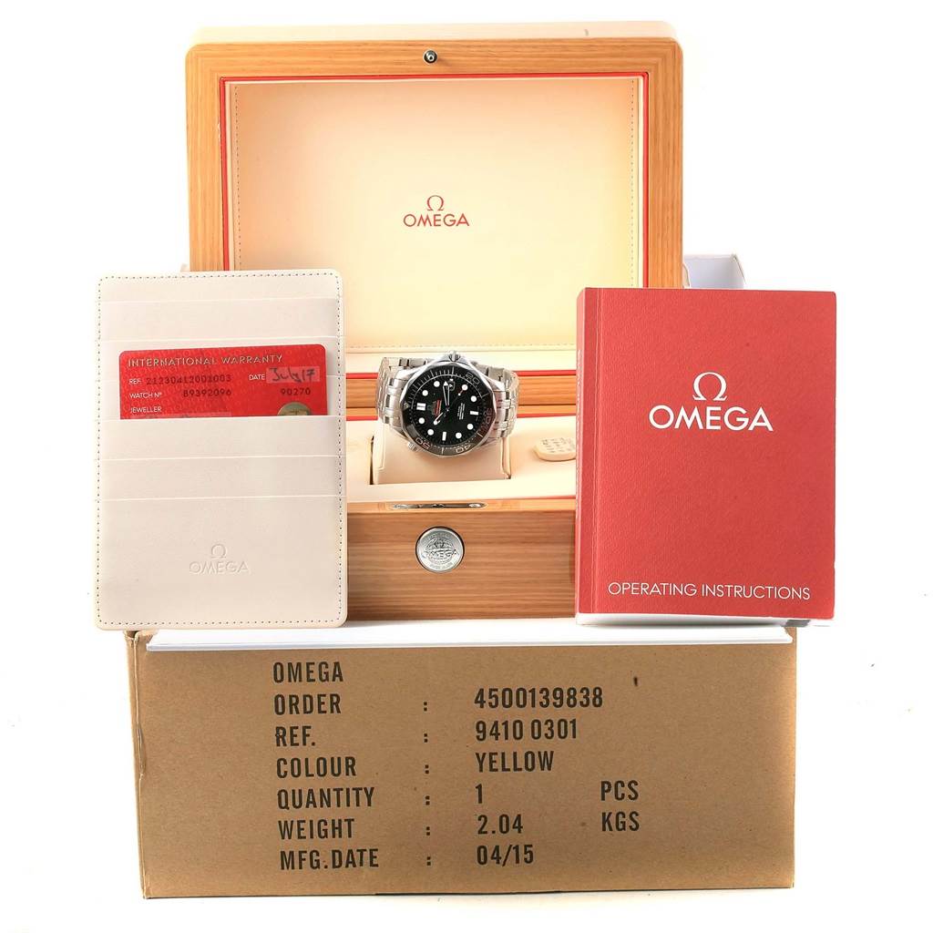The image shows an Omega Seamaster 212.30.41.20.01.003 Men
s Stainless Steel Black Dial 212.30.41.20.01.003 Men
s Stainless Steel Black Dial watch in its box with warranty cards, operating instructions, and packaging.