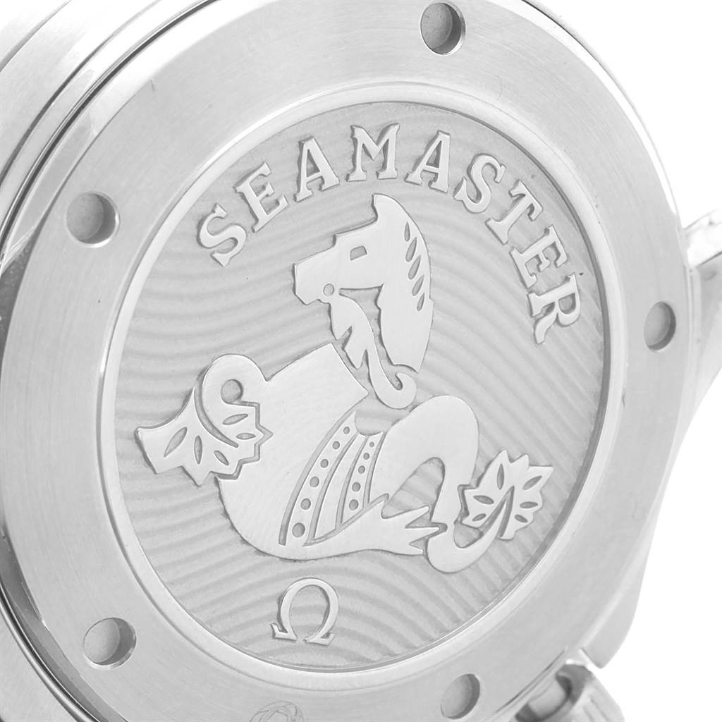 This image shows the case back of an Omega Seamaster 212.30.41.20.01.003 Men
s Stainless Steel Black Dial 212.30.41.20.01.003 Men
s Stainless Steel Black Dial watch with the brand and model name engraved.