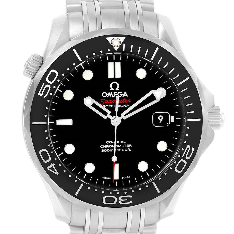 The image shows a front view of an Omega Seamaster watch, displaying its black dial, bezel, and metal bracelet.